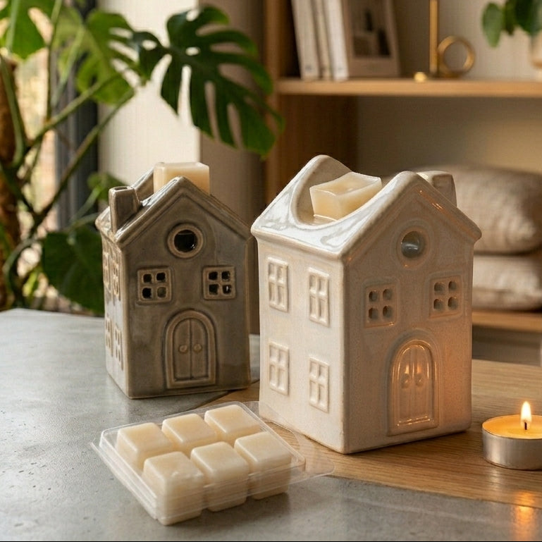 Quemador de Wax Melts de Cerámica | Casa Blanca y Gris
